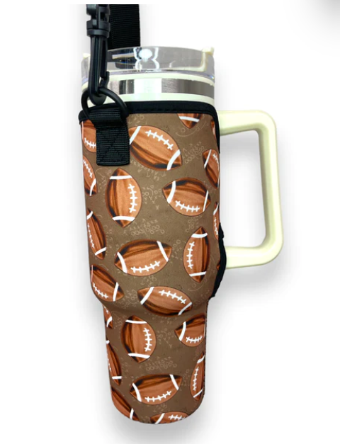 Football tumbler sleeve with carrying strap