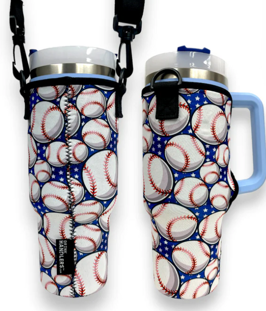 Baseball tumbler sleeve with carrying strap