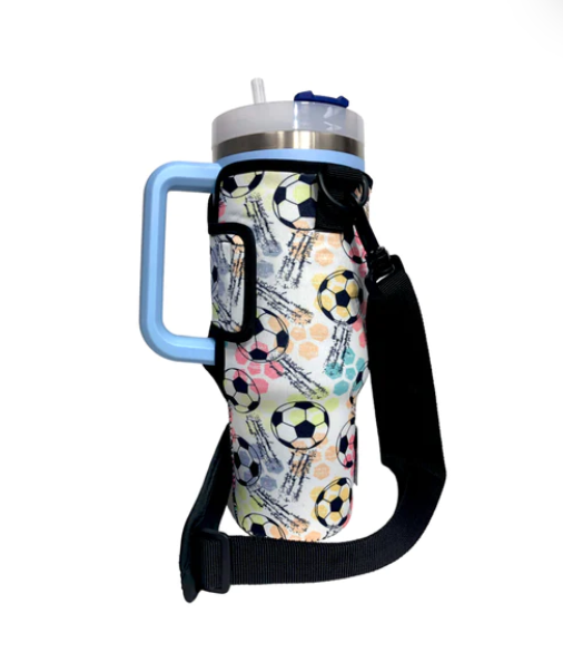 Soccer tumbler sleeve with carrying strap