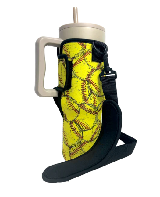 Softball tumbler sleeve with carrying strap