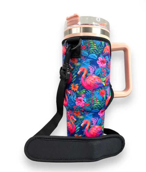 Flamingo tropical tumbler sleeve with carrying strap