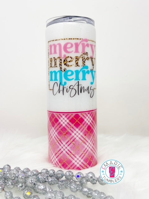 Merry Merry Merry Christmas Pink Plaid Glitter Tumbler